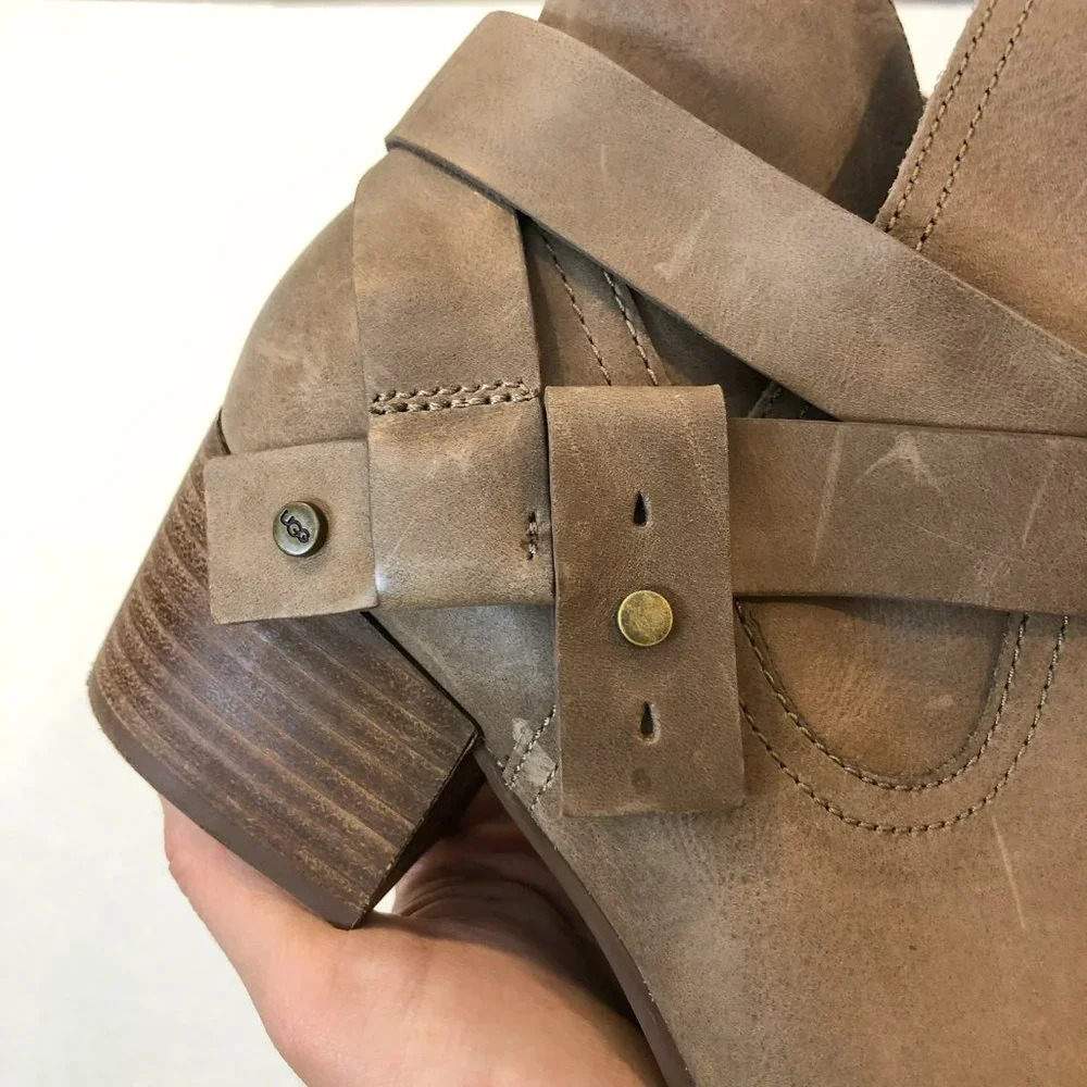 UGG Elora Tan Leather Buckle Almond Toe Bohemian Block Heel Ankle Booties 7 - Picture 2 of 12